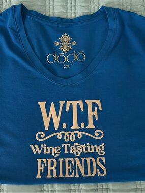 dodo Blue V-Neck Tee with Pink Script - W.T.F Wine Tasting Friends
